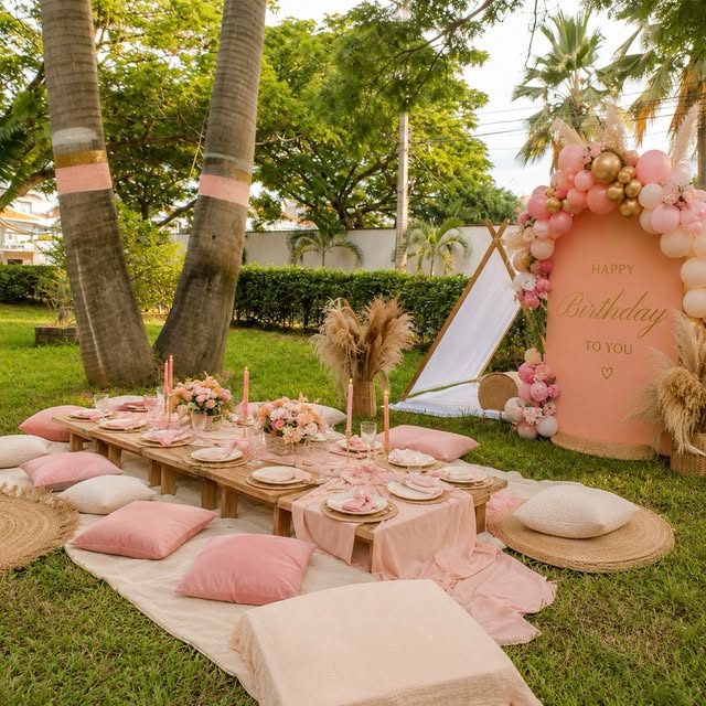 Pink luxury birthday picnic set on a lawn with floor cushions, florals and a balloon arch